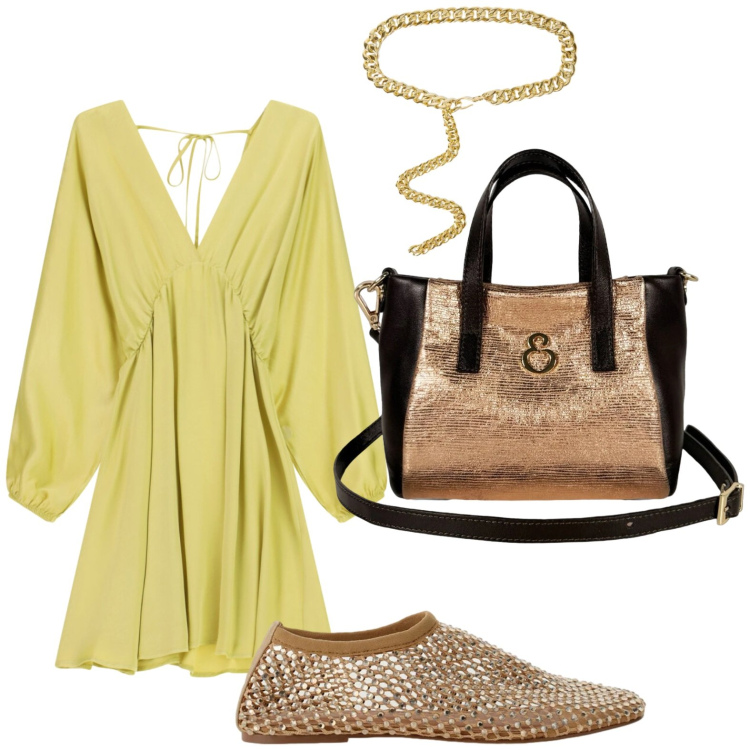 Outfit donna - Sunset Gold. Stile Boho per Serata fuori. Abbinamento con ballerine, vestiti corti, cinture, borse a mano.