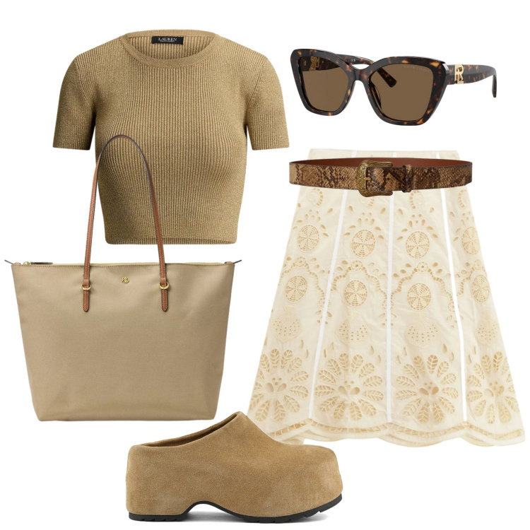 Outfit donna - Total look #2445394. Stile Vintage retrò per Ufficio. Abbinamento con gonne longuette, borse tote, cinture, occhiali da sole, t-shirt, zoccoli.