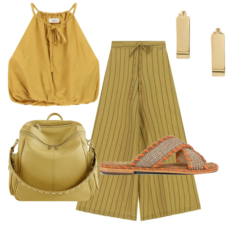 Outfit donna - Total look #2445395. Stile Trendy per Ufficio. Abbinamento con pantaloni a palazzo, top, orecchini, zaini, ciabatte.