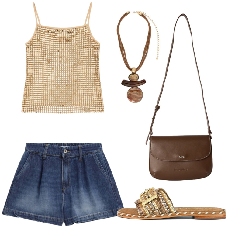 Outfit donna - Sunset Gold. Stile Casual per Mare. Abbinamento con borse a tracolla, shorts, top, ciondoli, ciabatte.