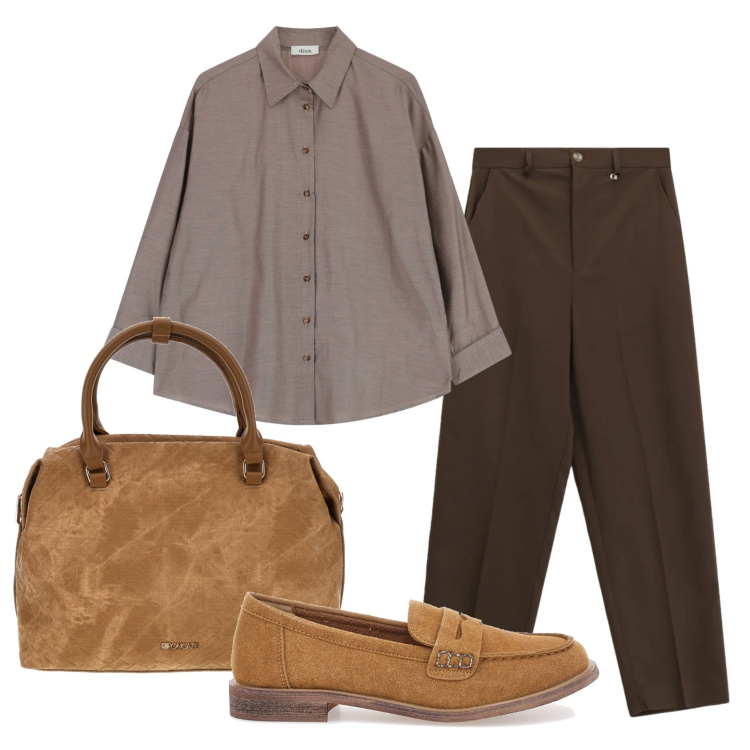 Outfit donna - Total look #2445400. Stile Minimal per Ufficio. Abbinamento con pantaloni, camicie, mocassini, borse a tracolla.