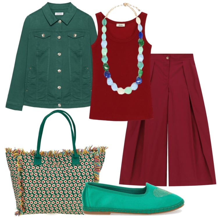 Outfit donna - Total look #2445401. Stile Trendy per Ufficio. Abbinamento con pantaloni a palazzo, top, collane, blazer, ballerine, shopping bag.