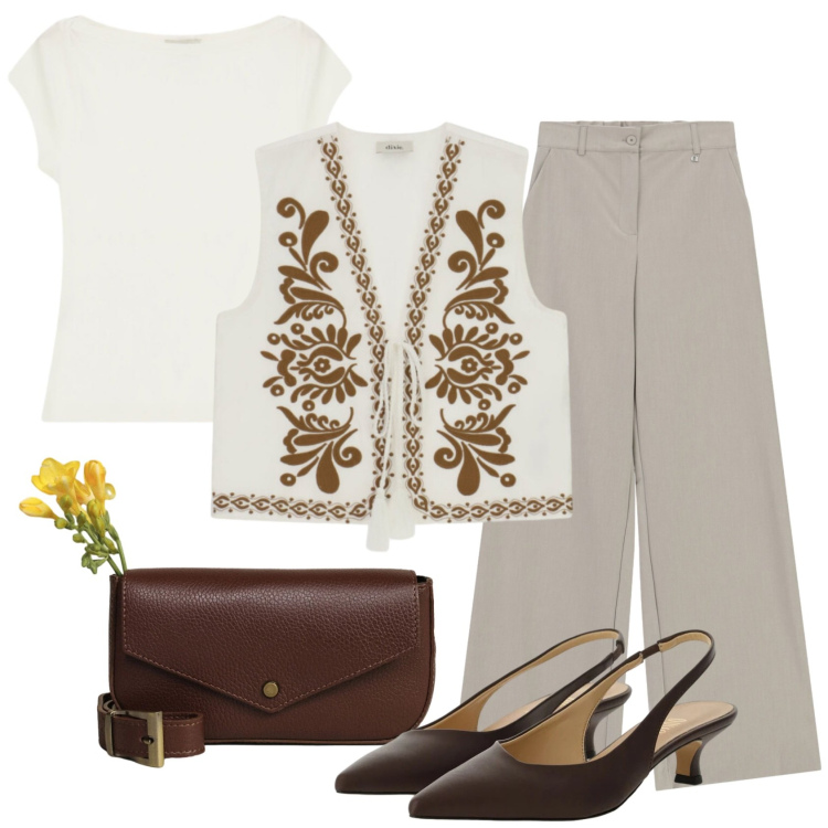 Outfit donna - Total look #2445403. Stile Casual chic per Ufficio. Abbinamento con pantaloni a palazzo, décolleté, borse a tracolla, gilet, top.