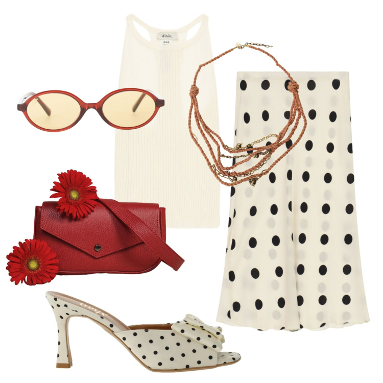 Outfit donna - Total look #2445404. Stile Vintage retrò per Tutti i giorni. Abbinamento con gonne longuette, borse a tracolla, sandali col tacco, occhiali da sole, top, collane.