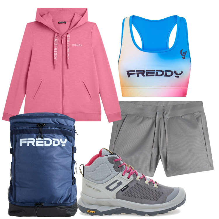 Outfit donna - Total look #2445417. Stile Sporty chic per Sport. Abbinamento con felpe con cappuccio, zaini, top, shorts, scarpe sportive.