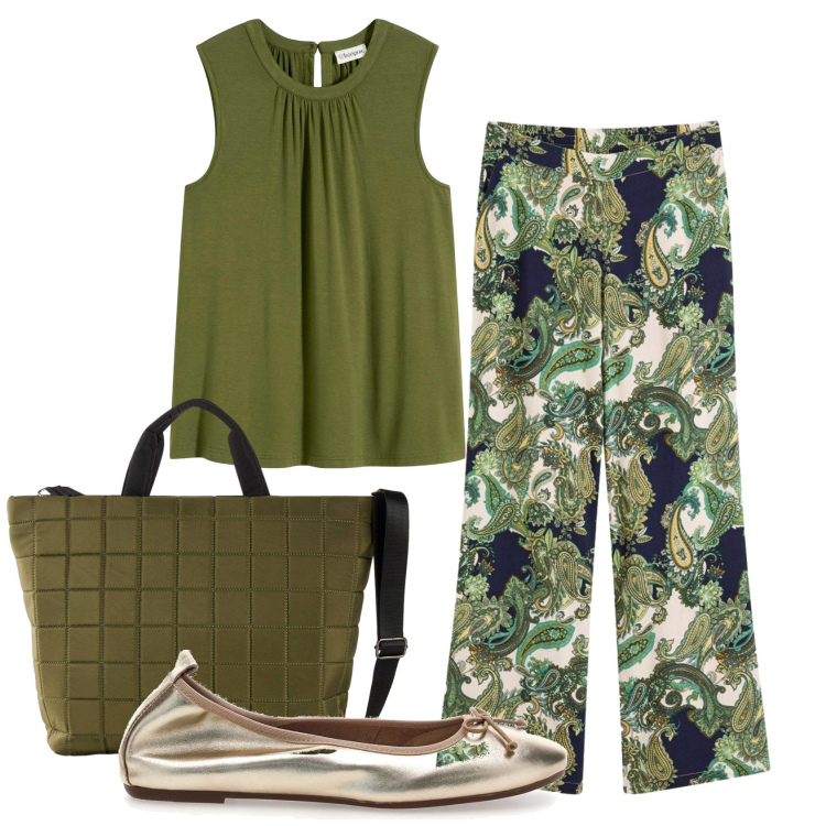 Outfit donna - Total look #2445425. Stile Casual chic per Ufficio. Abbinamento con pantaloni, top, shopping bag, ballerine.