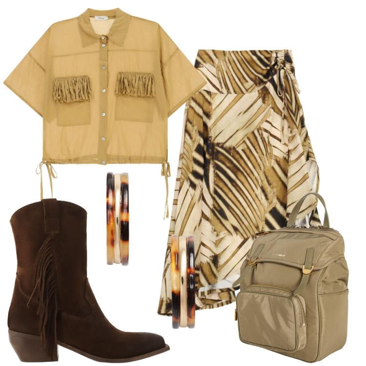 Outfit donna - Total look #2445431. Stile Etnico per Ufficio. Abbinamento con zaini, gonne longuette, stivali, camicie, orecchini.