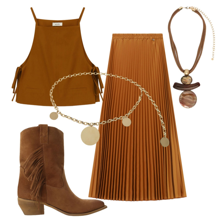 Outfit donna - Total look #2445432. Stile Etnico per Tutti i giorni. Abbinamento con gonne lunghe, stivali, cinture, top, ciondoli.