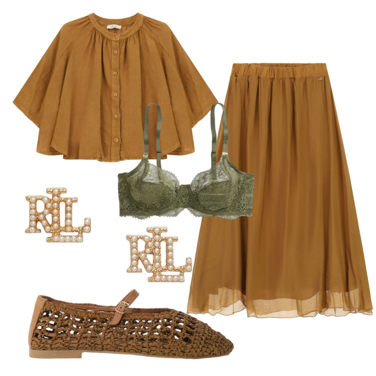 Outfit donna - Total look #2445436. Stile Etnico per Tutti i giorni. Abbinamento con ballerine, camicie, gonne lunghe, orecchini, reggiseni.