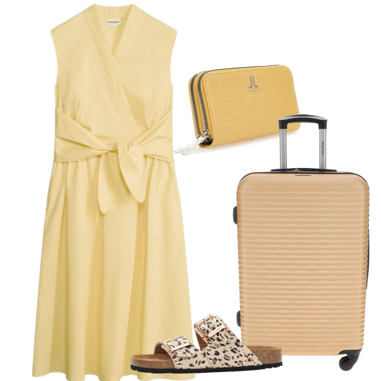 Outfit donna - Vacanze. Stile Bon Ton per Tutti i giorni. Abbinamento con vestiti, ciabatte, portafogli, valigie.