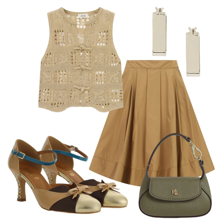 Outfit donna - Total look #2445441. Stile Bon Ton per Tutti i giorni. Abbinamento con décolleté, gilet, gonne lunghe, borse a mano, orecchini.