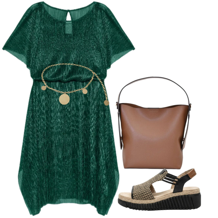 Outfit donna - Smeraldo. Stile Bon Ton per Tutti i giorni. Abbinamento con sandali, borse a mano, cinture, vestiti asimmetrici.