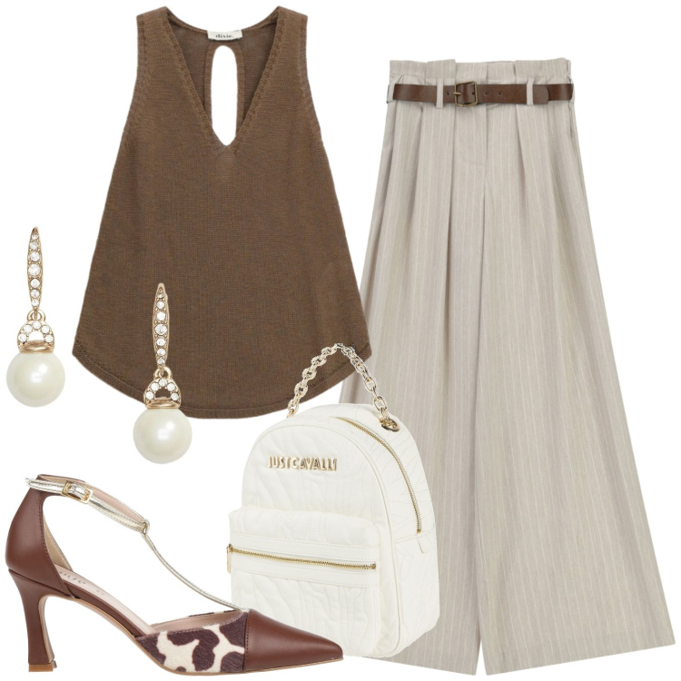 Outfit donna - Aperitivo in città. Stile Casual chic per Serata fuori. Abbinamento con décolleté, zaini, pantaloni a palazzo, top, orecchini.