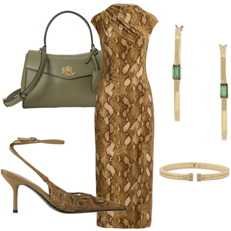 Outfit donna - Classe. Stile Chic per Serata fuori. Abbinamento con décolleté, braccialetti, borse a mano, vestiti midi/longuette, orecchini.