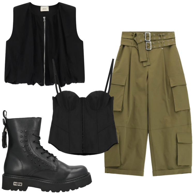 Outfit donna - Total look #2445450. Stile Military per Serata fuori. Abbinamento con anfibi, gilet, pantaloni cargo, top.