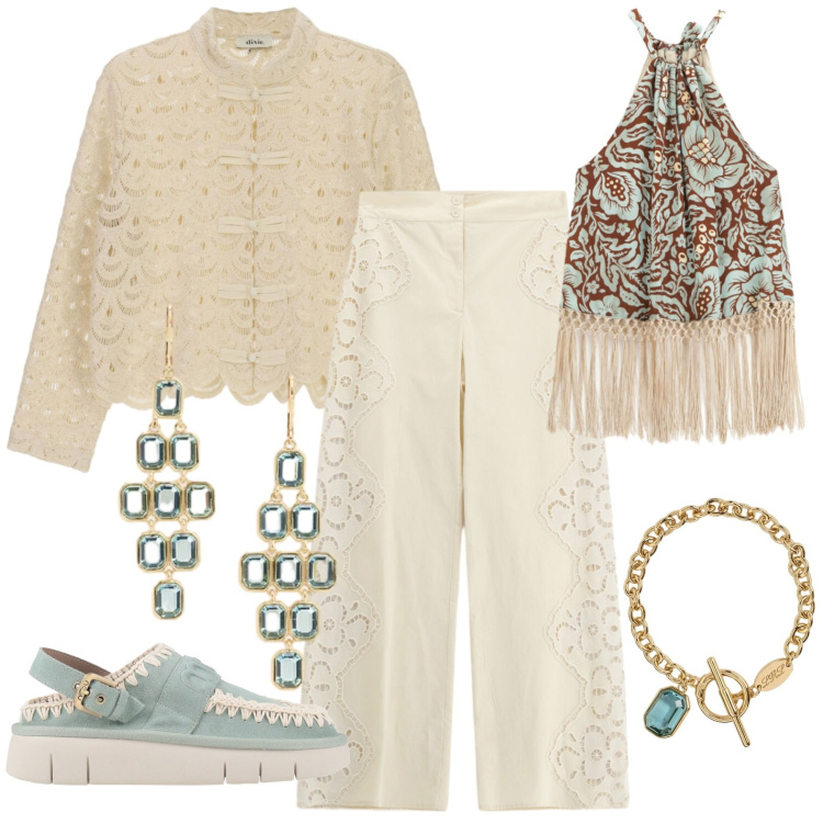 Outfit donna - Serata. Stile Chic per Serata fuori. Abbinamento con décolleté, pantaloni a palazzo, top, camicie, orecchini, braccialetti.