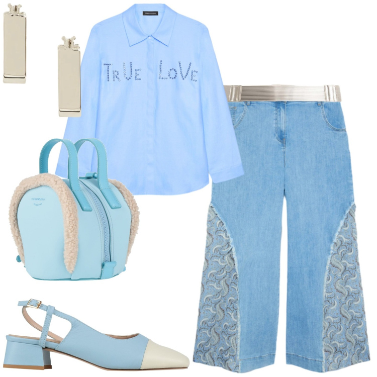 Outfit donna - Azzurro. Stile Casual per Tutti i giorni. Abbinamento con zaini, décolleté, cinture, camicie, pantaloni, orecchini.