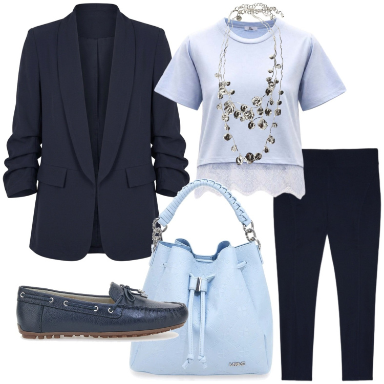 Outfit donna - Eleganza navy. Stile Casual per Ufficio. Abbinamento con t-shirt, collane, blazer, pantaloni, mocassini, borse a secchiello.