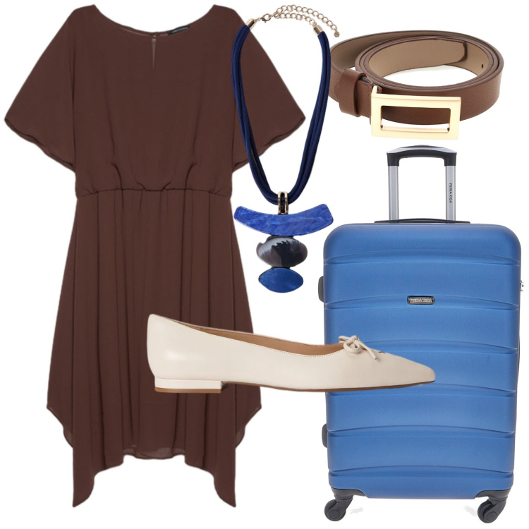 Outfit donna - Riflessi zaffiro. Stile Casual per Tutti i giorni. Abbinamento con vestiti midi/longuette, ciondoli, ballerine, valigie, cinture.