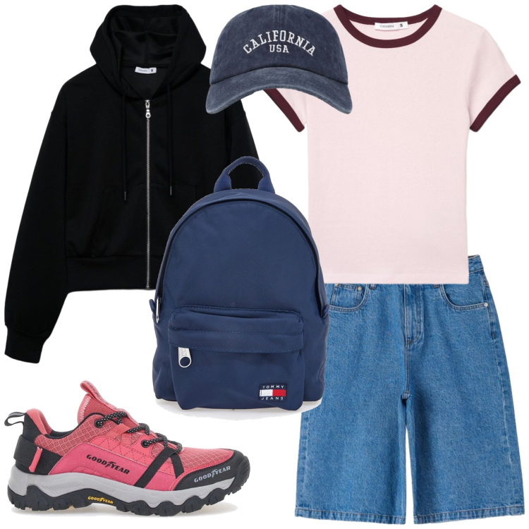 Outfit donna - Gita in montagna. Stile Casual per Sport. Abbinamento con t-shirt, bermuda, felpe con cappuccio, cappelli con visiera, scarpe sportive, zaini.