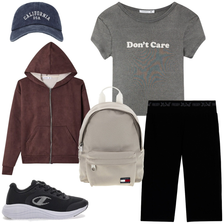 Outfit donna - In montagna. Stile Casual per Sport. Abbinamento con t-shirt, felpe con cappuccio, cappelli con visiera, bermuda, scarpe sportive, zaini.