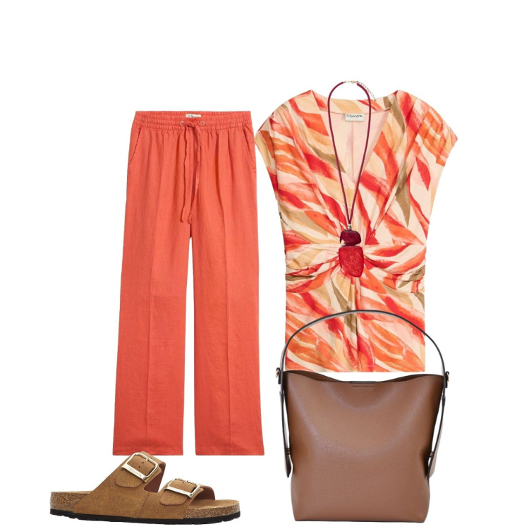 Outfit donna - Energia d’estate. Stile Boho per Tutti i giorni. Abbinamento con t-shirt, ciabatte, pantaloni, borse a mano, ciondoli.