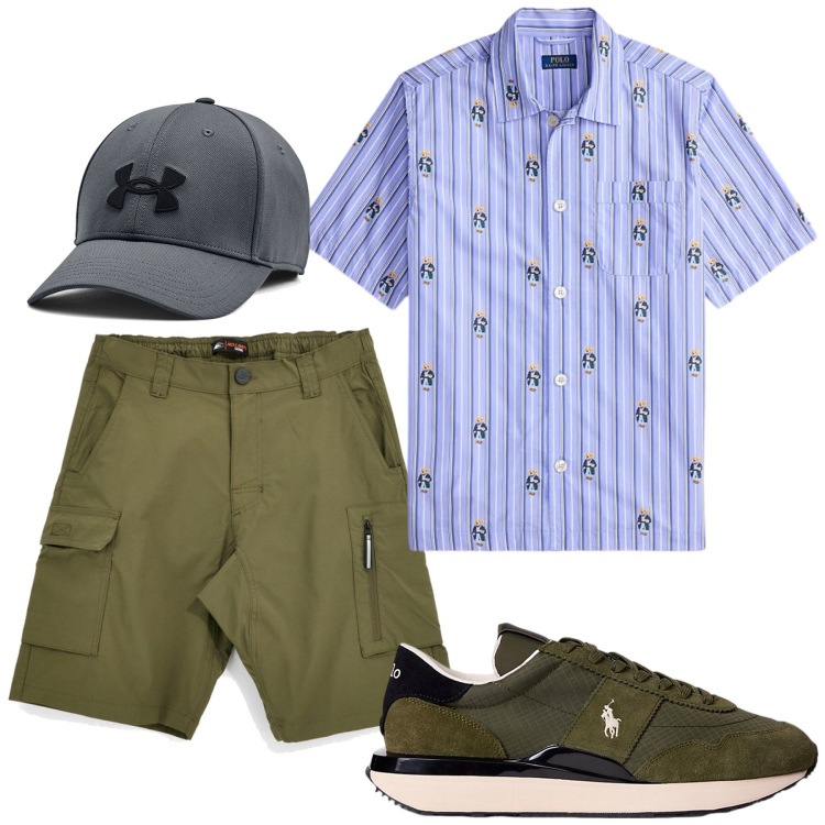 Outfit uomo - Total look #2445521. Stile Urban per Tutti i giorni. Abbinamento con sneakers, camicie a manica corta, cappelli, bermuda.