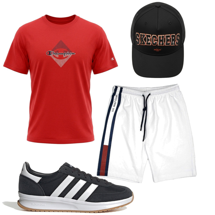 Outfit uomo - Total look #2445523. Stile Casual per Sport. Abbinamento con pantaloni corti, sneakers, cappelli, t-shirt.