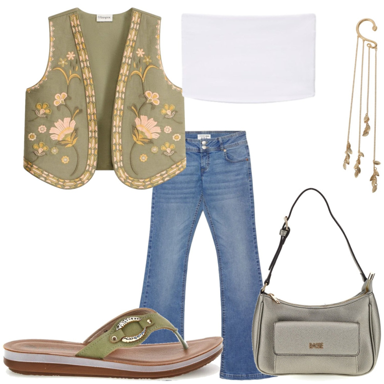 Outfit donna - Così come sono. Stile Trendy per Tutti i giorni. Abbinamento con gilet, jeans a zampa, top, orecchini, infradito, borse a spalla.