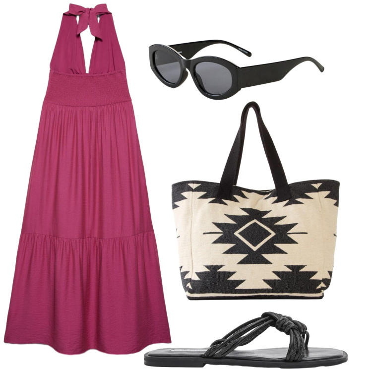 Outfit donna - Total look #2445528. Stile Minimal per Mare. Abbinamento con occhiali da sole, shopping bag, vestiti lunghi, sandali.