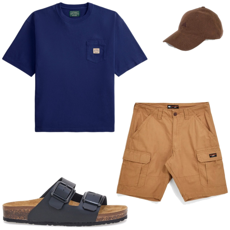 Outfit uomo - In vacanza. Stile Casual per Mare. Abbinamento con t-shirt, cappelli con visiera, bermuda, sandali.