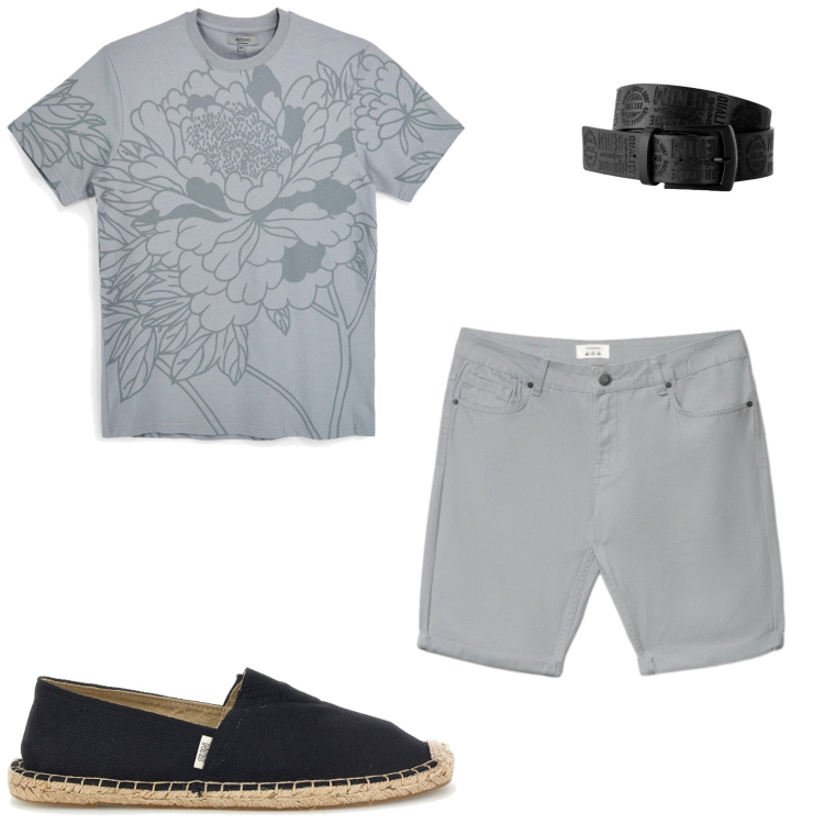 Outfit uomo - Agosto. Stile Casual per Tutti i giorni. Abbinamento con cinture, bermuda, t-shirt, espadrillas.