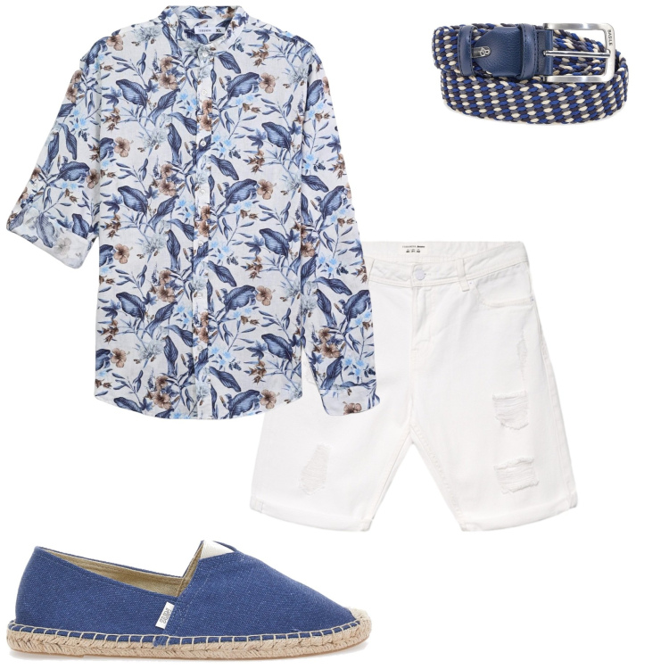 Outfit uomo - Camicia fantasia. Stile Casual per Mare. Abbinamento con camicie, bermuda, espadrillas, cinture.