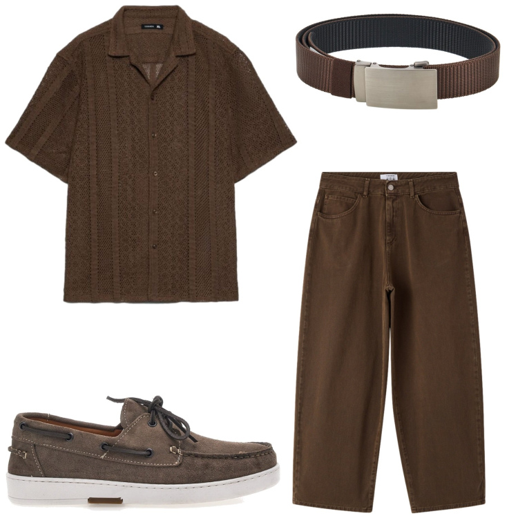Outfit uomo - Monocolore. Stile Casual per Serata speciale. Abbinamento con pantaloni, camicie a manica corta, cinture, scarpe stringate.