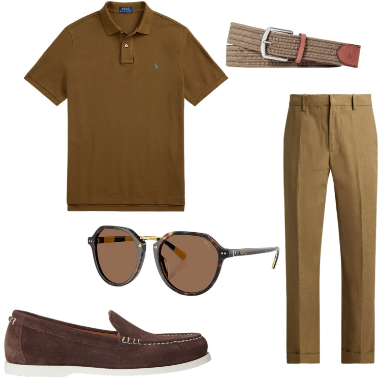 Outfit uomo - Urban estivo. Stile Urban per Ufficio. Abbinamento con cinture, polo, scarpe stringate, occhiali da sole, pantaloni.