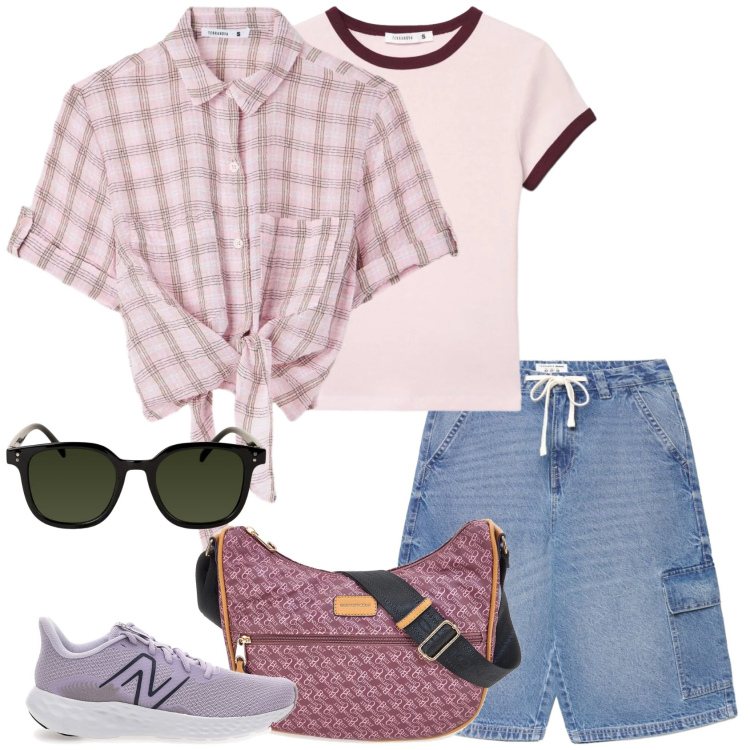 Outfit donna - Passeggiata nella valle. Stile Casual per Sport. Abbinamento con t-shirt, pantaloni corti, camicie a manica corta, occhiali da sole, borse a tracolla, scarpe sportive.