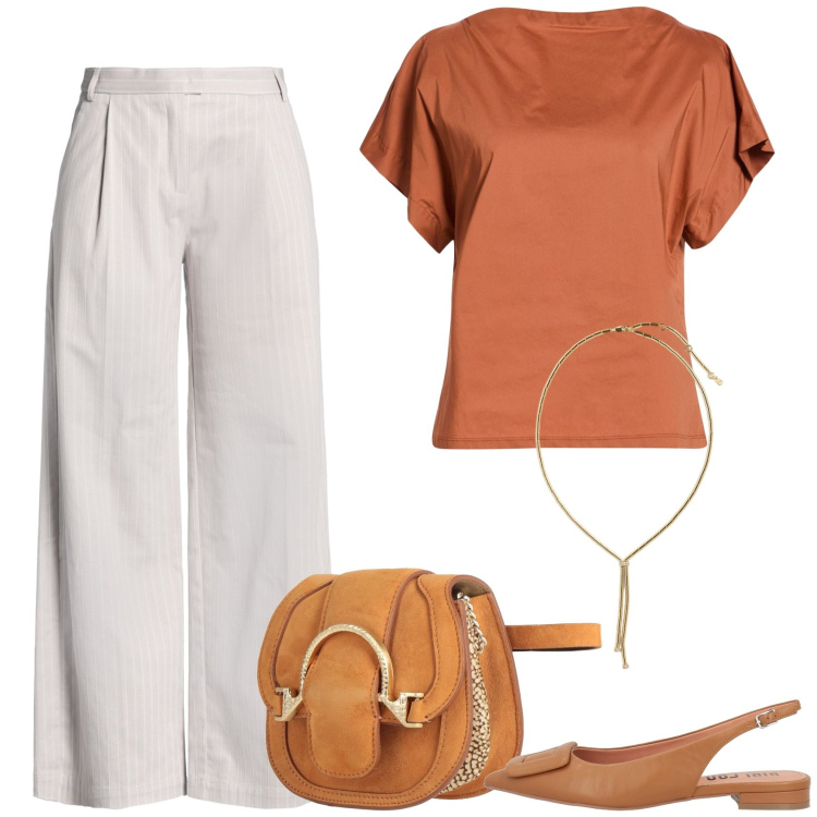 Outfit donna - Ruggine. Stile Casual chic per Ufficio. Abbinamento con marsupi, top, pantaloni, ballerine, collane.