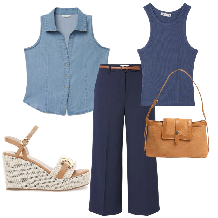 Outfit donna - Total look #2445544. Stile Trendy per Ufficio. Abbinamento con pantaloni, camicie a manica corta, canottiere, borse a tracolla, zeppe.