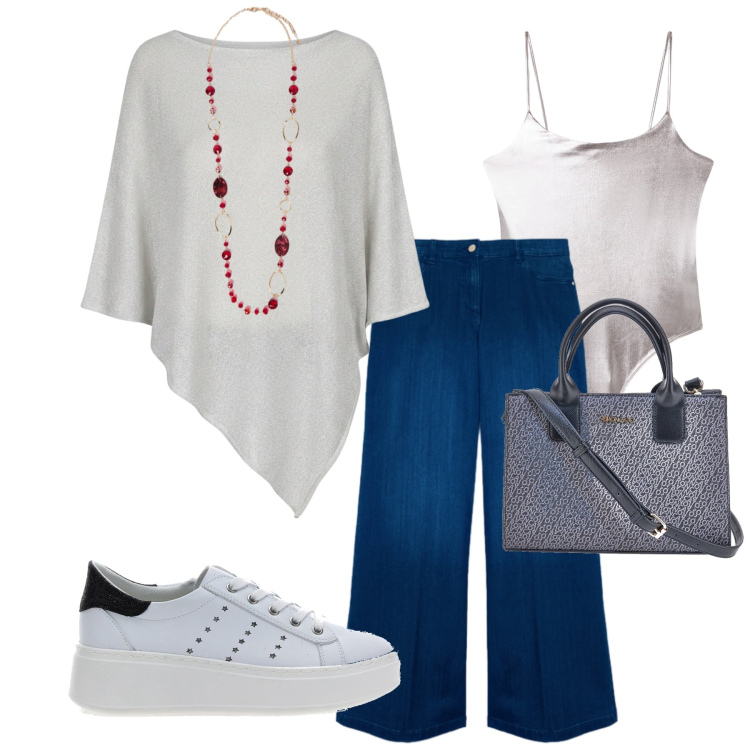Outfit donna - Total look #2445557. Stile Casual per Tutti i giorni. Abbinamento con body, cappotti, jeans, collane, borse a tracolla, sneakers.