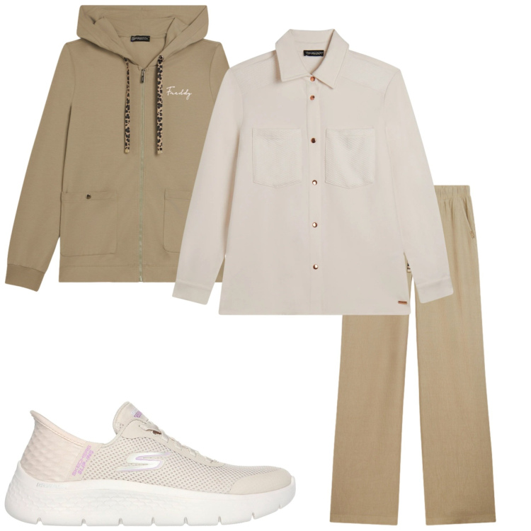 Outfit donna - Alpine Altitude. Stile Casual per Tutti i giorni. Abbinamento con felpe con cappuccio, camicie, pantaloni, scarpe sportive.