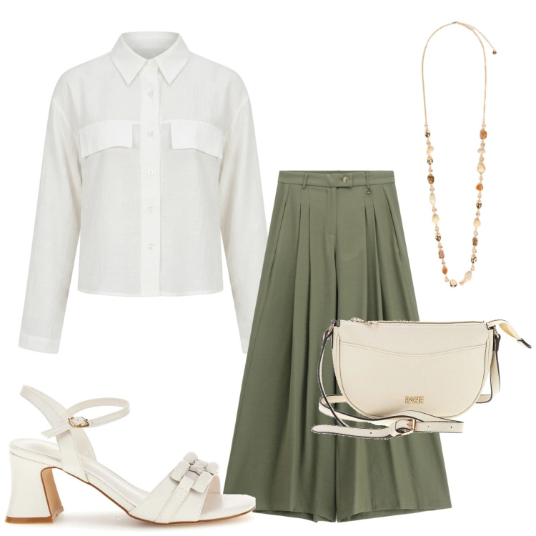 Outfit donna - Total look #2445562. Stile Bon Ton per Serata fuori. Abbinamento con pantaloni a palazzo, camicie, collane, sandali col tacco, borse a tracolla.