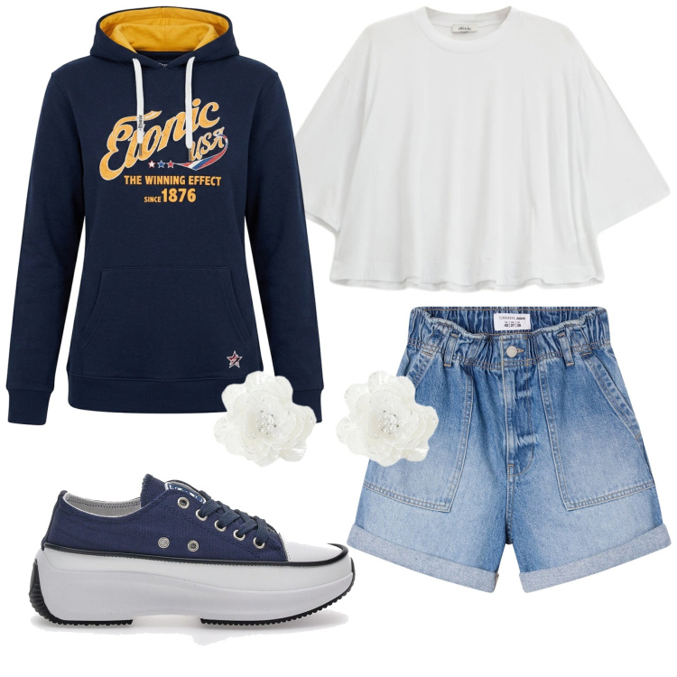 Outfit donna - Total look #2445566. Stile Basic per Tutti i giorni. Abbinamento con shorts, t-shirt, orecchini, sneakers alte, felpe con cappuccio.