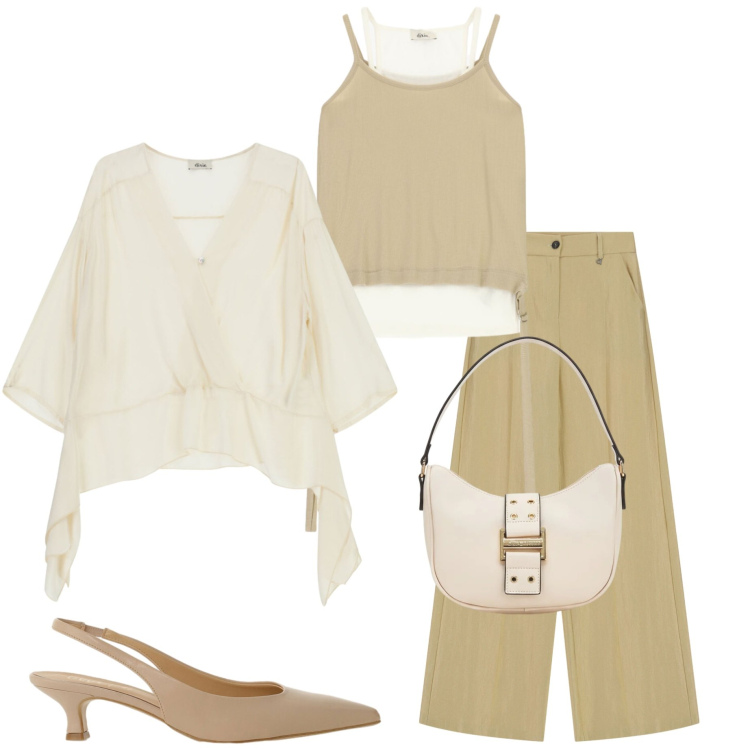 Outfit donna - Serata con amici. Stile Casual chic per Serata fuori. Abbinamento con camicie, pantaloni a palazzo, top, décolleté, borse a tracolla.