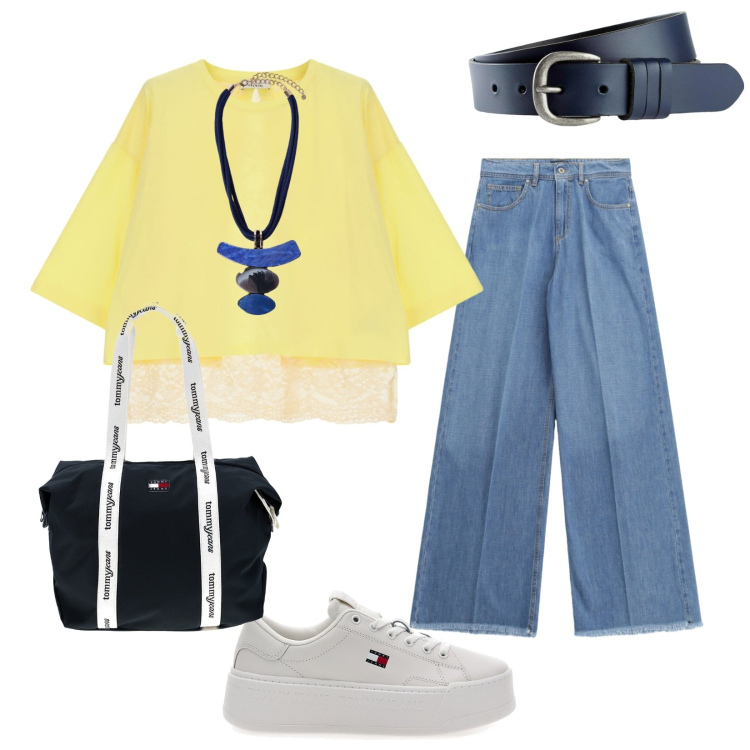Outfit donna - Estate sporty. Stile Sporty chic per Tutti i giorni. look ideale per Tall. Abbinamento con cinture, top, jeans, ciondoli, shopping bag, sneakers.