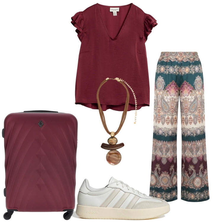 Outfit donna - Total look #2445571. Stile Etnico per Tutti i giorni. Abbinamento con bluse, pantaloni a palazzo, ciondoli, sneakers, valigie.