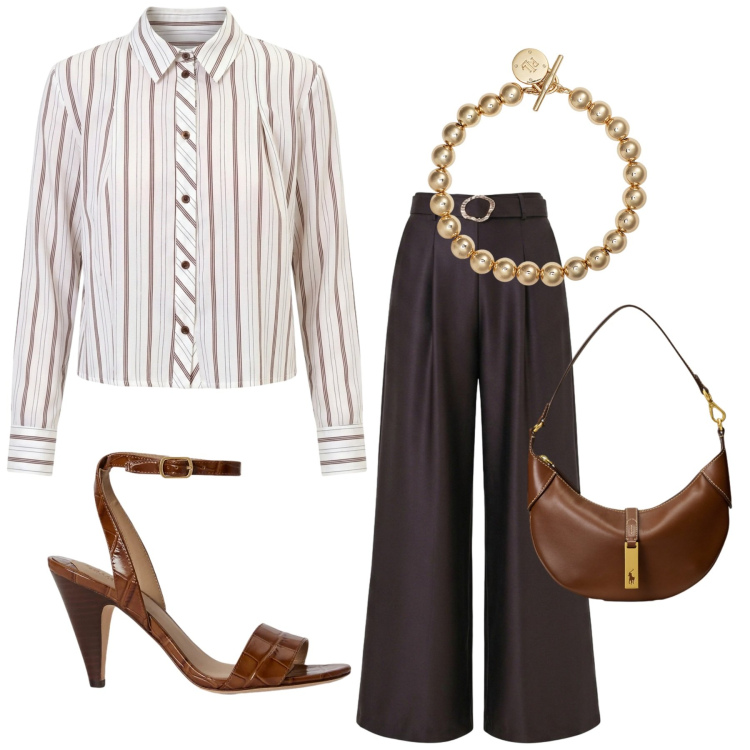 Outfit donna - Total look #2445576. Stile Bon Ton per Ufficio. Abbinamento con pantaloni a palazzo, camicie, borse a spalla, sandali in pelle, braccialetti.