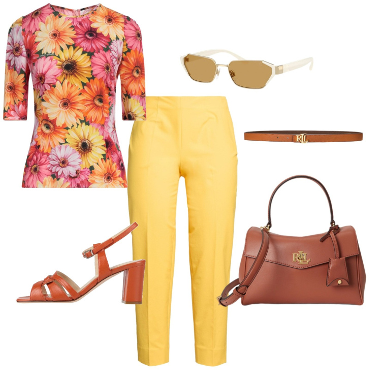 Outfit donna - Girasoli d\'agosto. Stile Casual chic per Tutti i giorni. look ideale per Tall. Abbinamento con pantaloni, top, sandali in pelle, occhiali da sole, borse a mano, cinture.