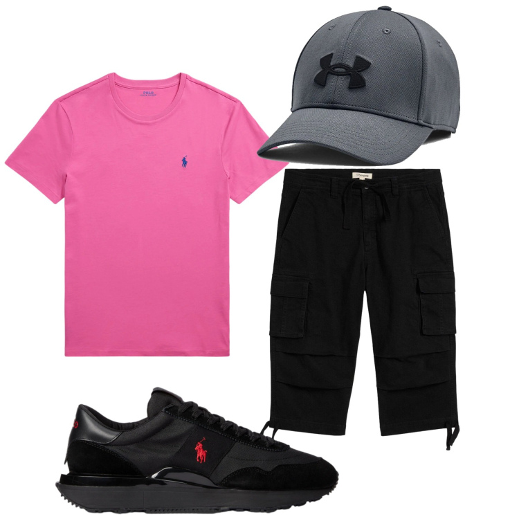 Outfit uomo - Total look #2445579. Stile Casual per Mare. Abbinamento con pantaloni capri, t-shirt, sneakers, cappelli.