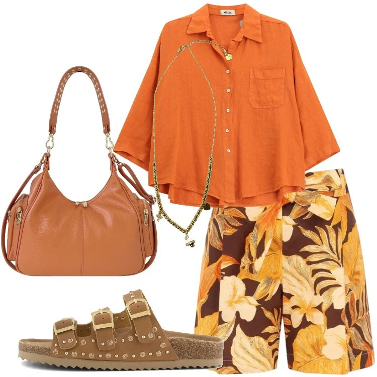 Outfit donna - Sunset Gold. Stile Urban per Tutti i giorni. Abbinamento con camicie, pantaloni corti, ciondoli, borse a spalla, sandali.