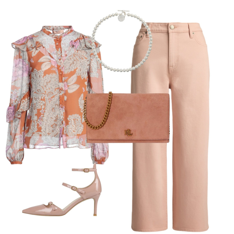 Outfit donna - Estate pesca. Stile Casual chic per Serata fuori. look ideale per Tall. Abbinamento con décolleté, camicie, borse a tracolla, collane, jeans.